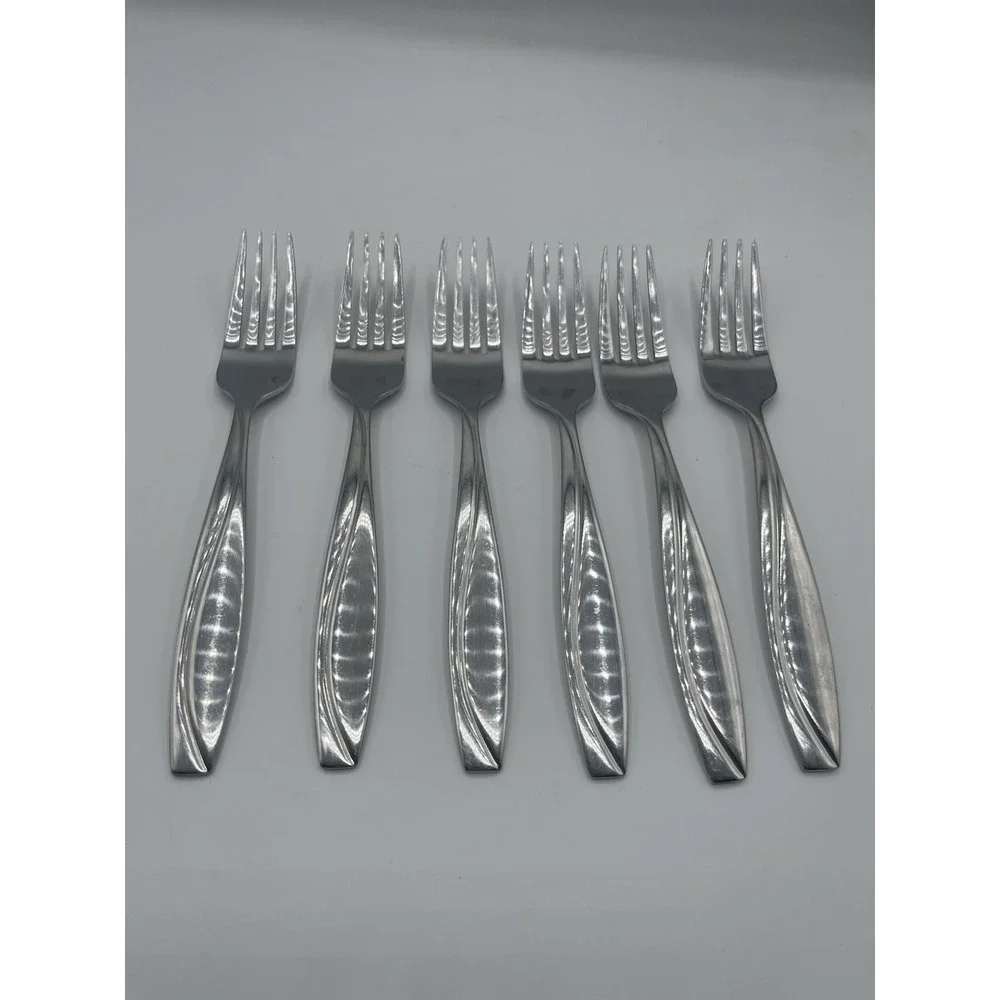 6 Dinner Forks Line Stainless Oneida Groove Curved B734 Indonesia Glossy 8‎ 1/4